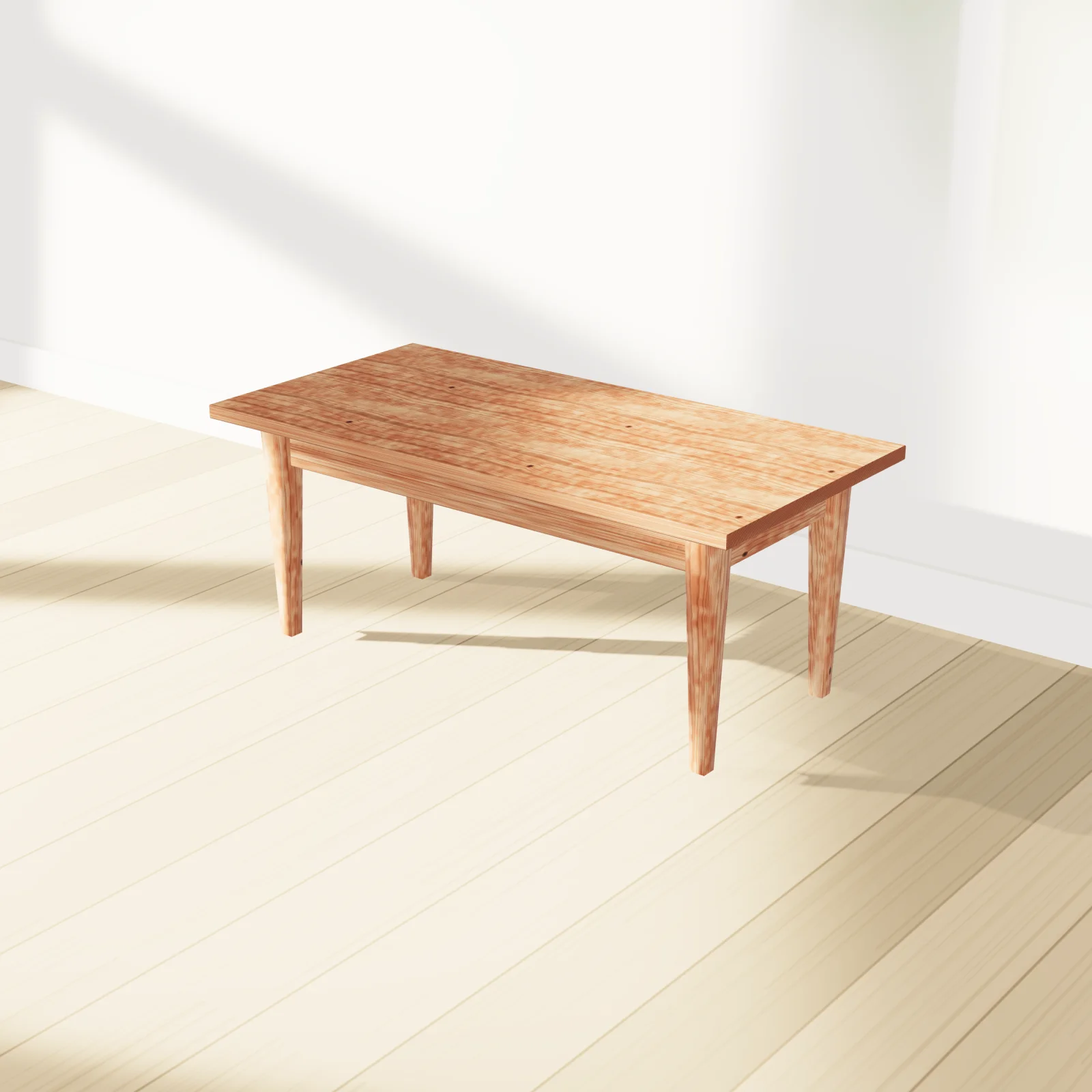 A cedar coffee table previewed at true scale in a sunlit room