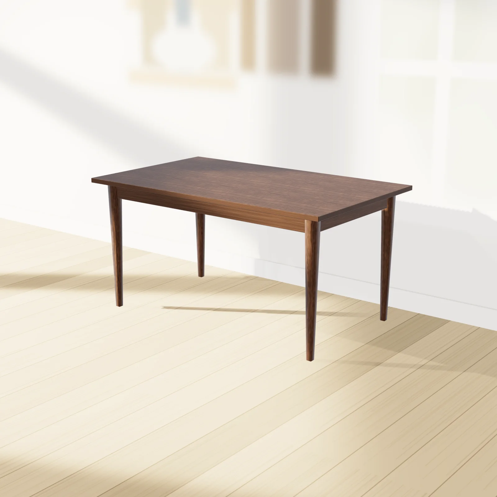 A mid-century walnut dining table designed in Sawvy, shown at scale in a sunlit room