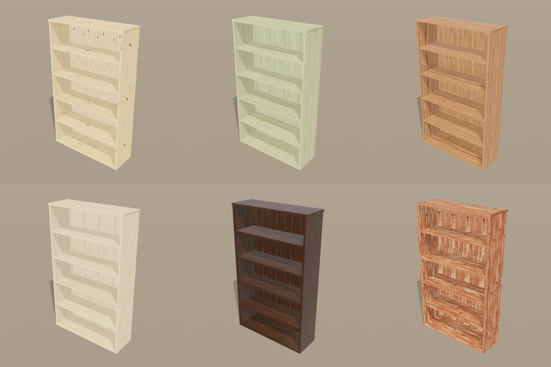 The same bookshelf shown in six different wood species