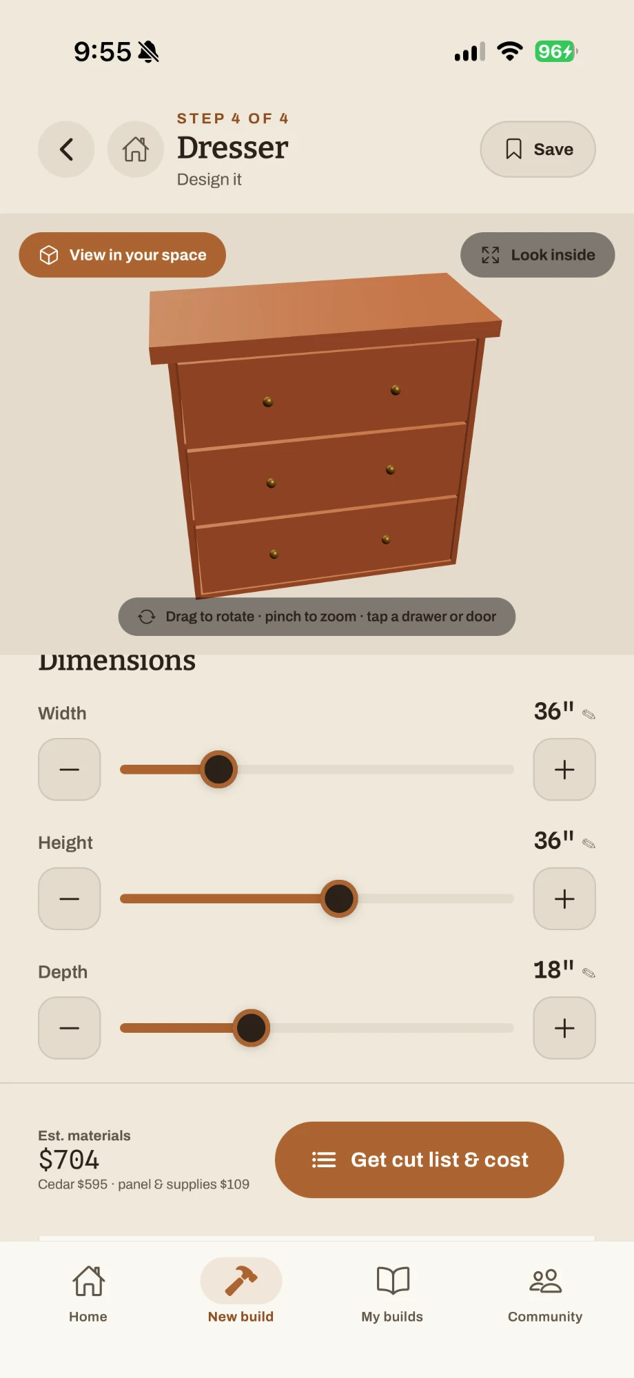 Designing a dresser in Sawvy — live dimension sliders and a running materials estimate